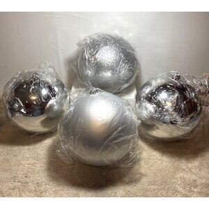 Set Of 4 Large Silver & Glitter Christmas Ornaments 8" Diameter